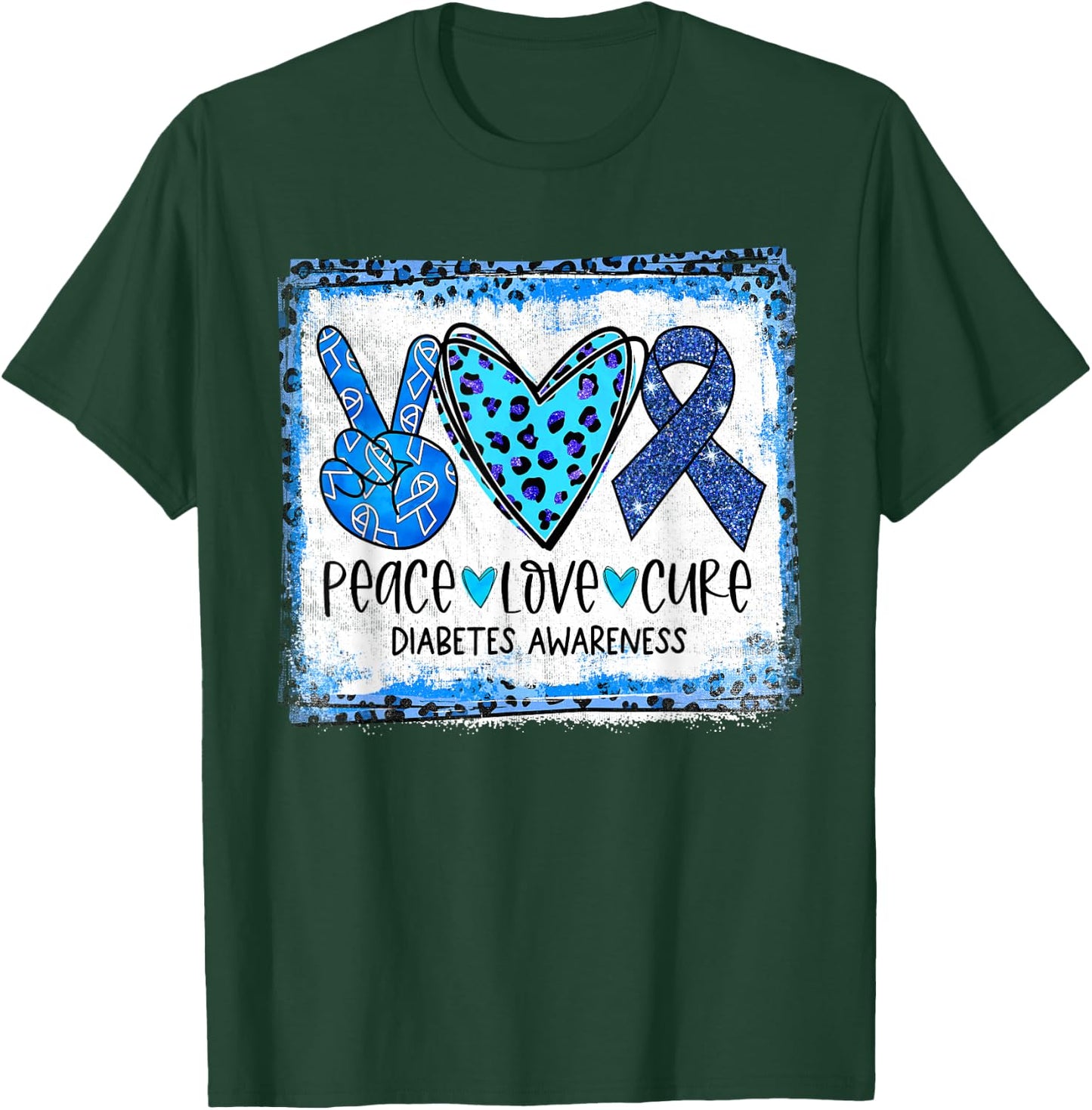 Peace Love Cure Blue Ribbon T1D Type 1 Diabetes Awareness T-Shirt - T-Shirt | Forest
