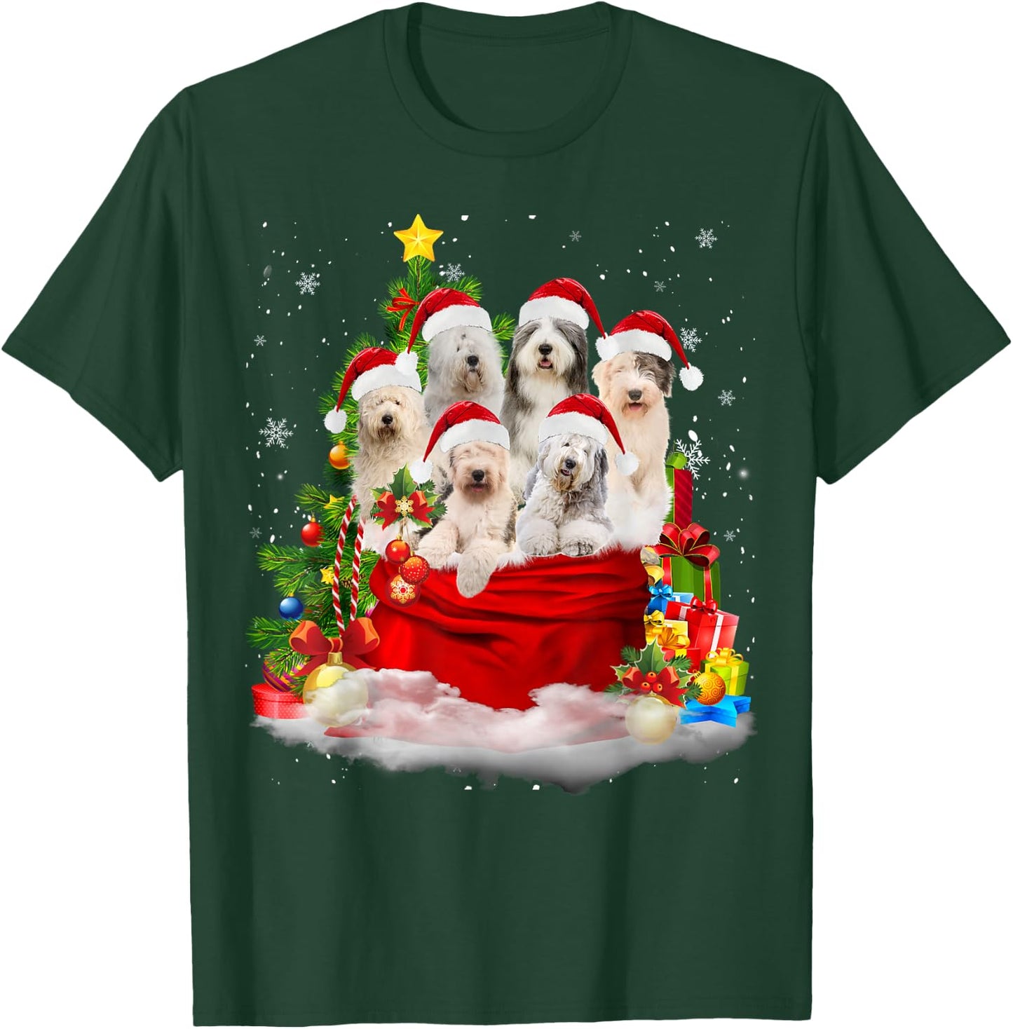 Old English Sheepdog Christmas Santa Claus Bag Xmas Pajama Men Women Kids T-Shirt - T-Shirt | Forest