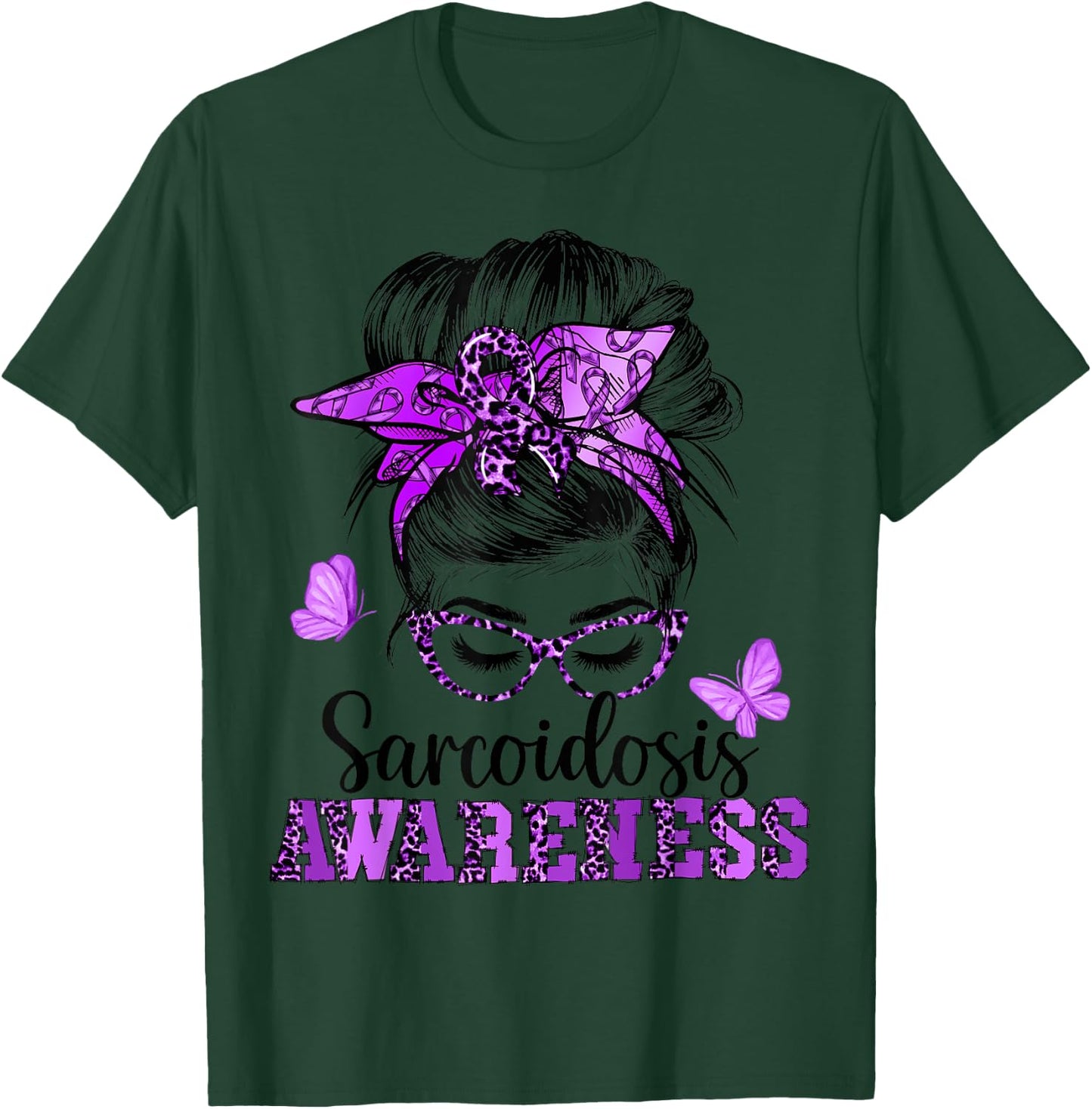 Messy Hair Bun Purple Ribbon Butterfly Sarcoidosis Awareness T-Shirt - T-Shirt | Forest