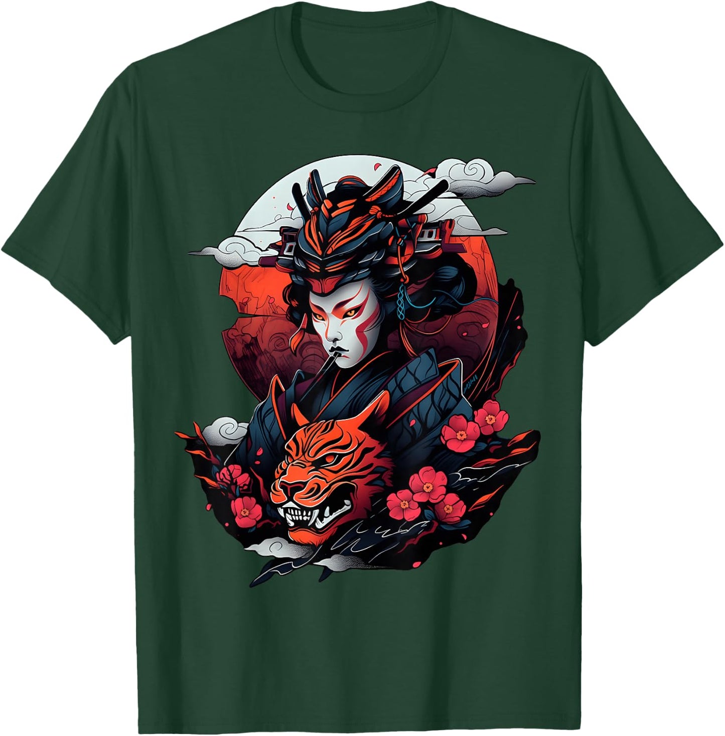 Samurai and Tiger Bold Graphic with Traditional Japanese Art T-Shirt - T-Shirt | Forest