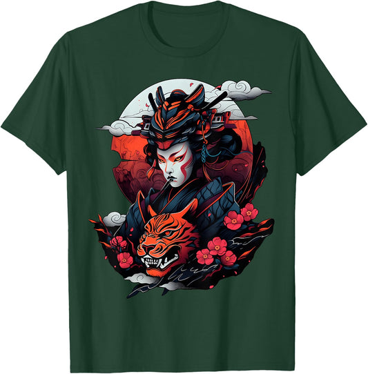 Samurai and Tiger Bold Graphic with Traditional Japanese Art T-Shirt - T-Shirt | Forest