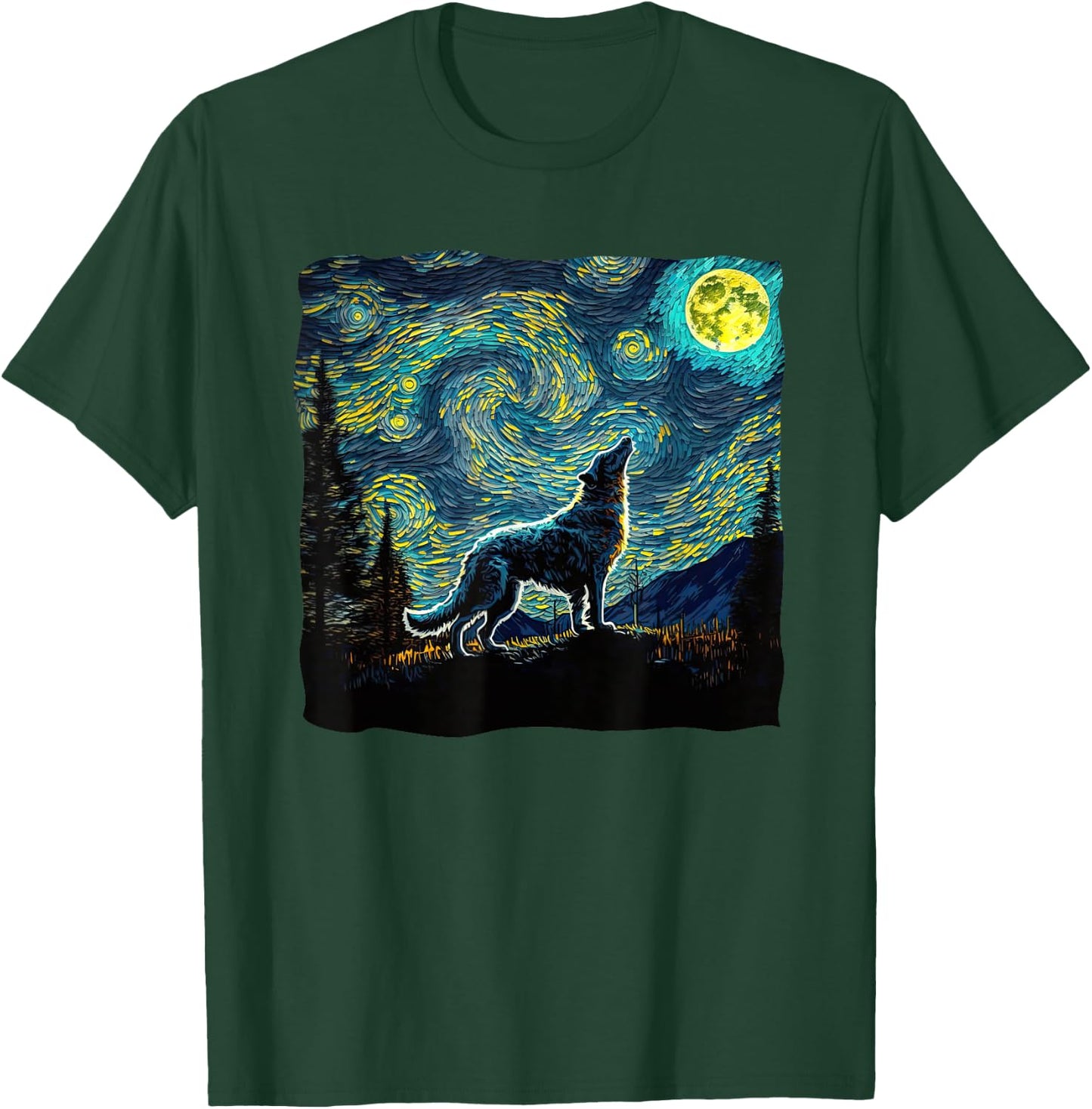 Wolf Starry Night Wilderness Howling Moon Van Gogh Painting T-Shirt - T-Shirt | Forest