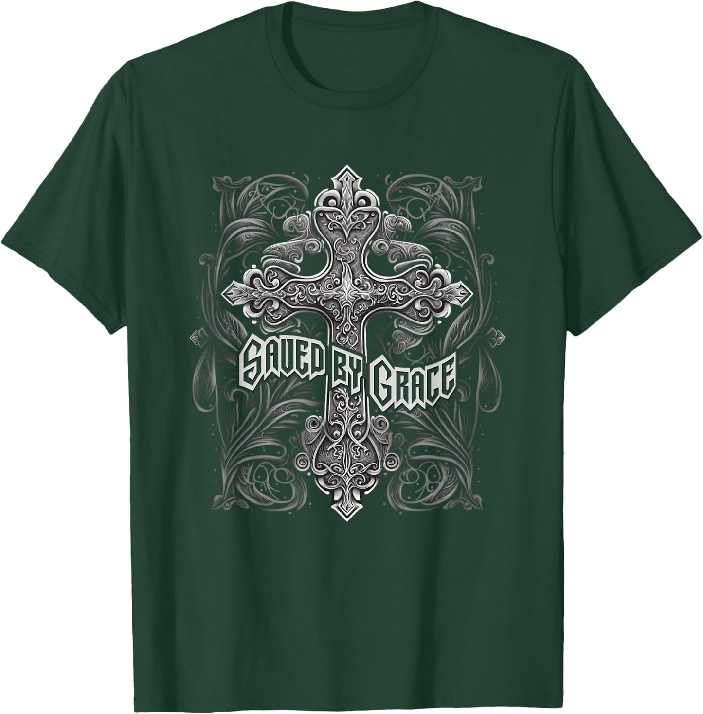 Saved By Grace Christian Graphic Design Gothic Cross T-Shirt - T-Shirt | Forest
