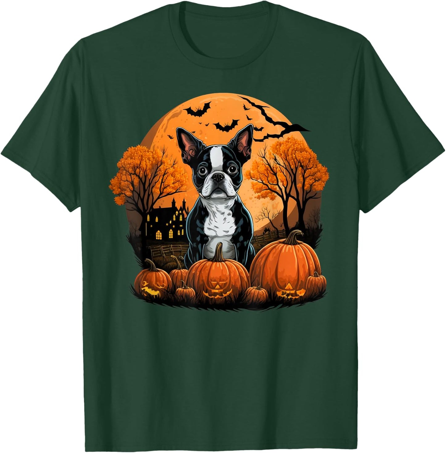 Pumpkin Boston Terrier costume on Boston Terrier Halloween T-Shirt - T-Shirt | Forest
