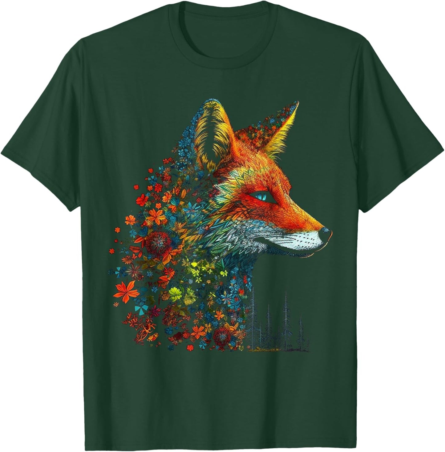 Fox Colourful Flowers - Blue Eyes Animal Art Fox T-Shirt - T-Shirt | Forest