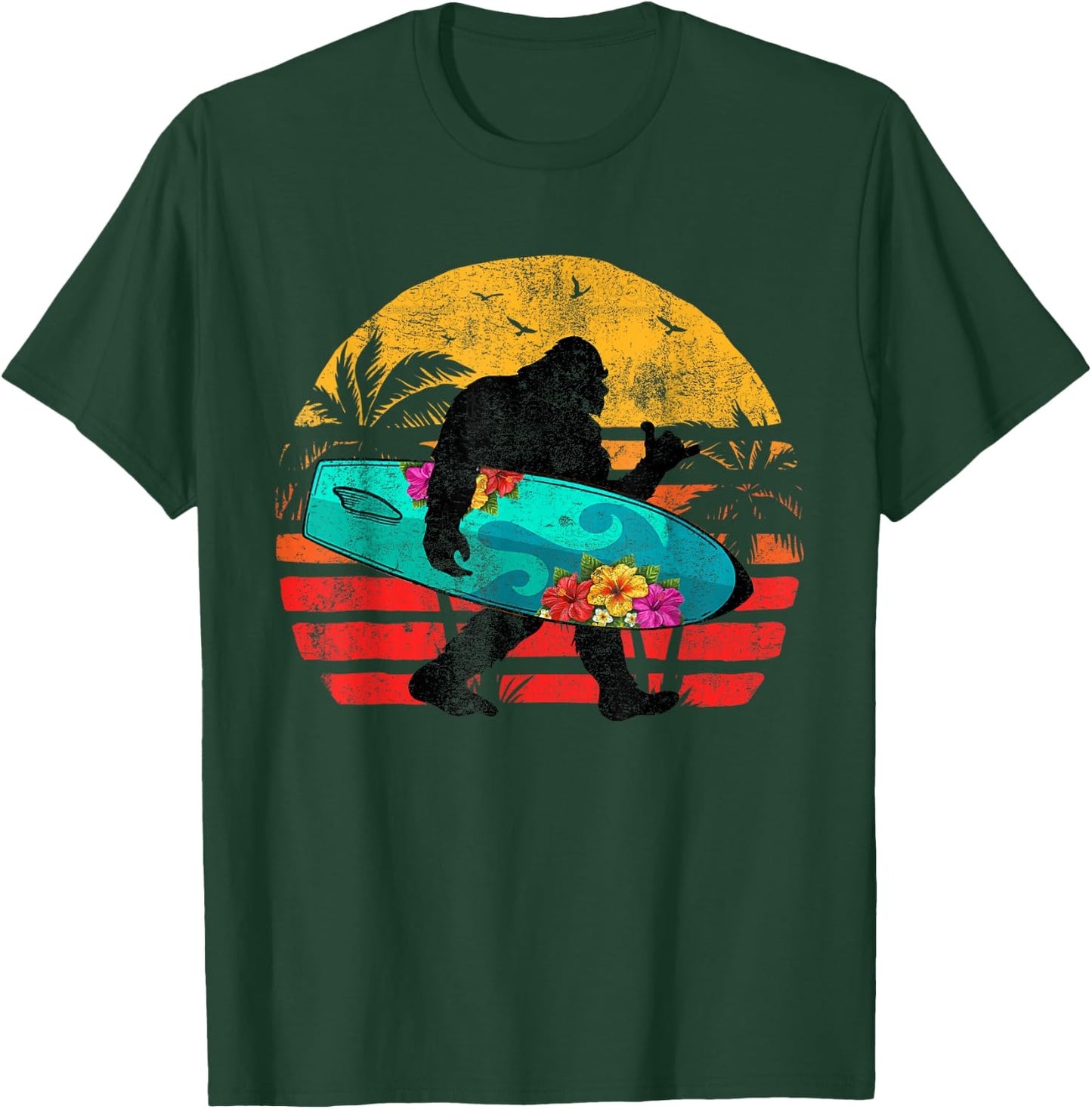 Funny Shaka Aloha Bigfoot Surfing Retro Hawaii Surfer Lover T-Shirt - T-Shirt | Forest