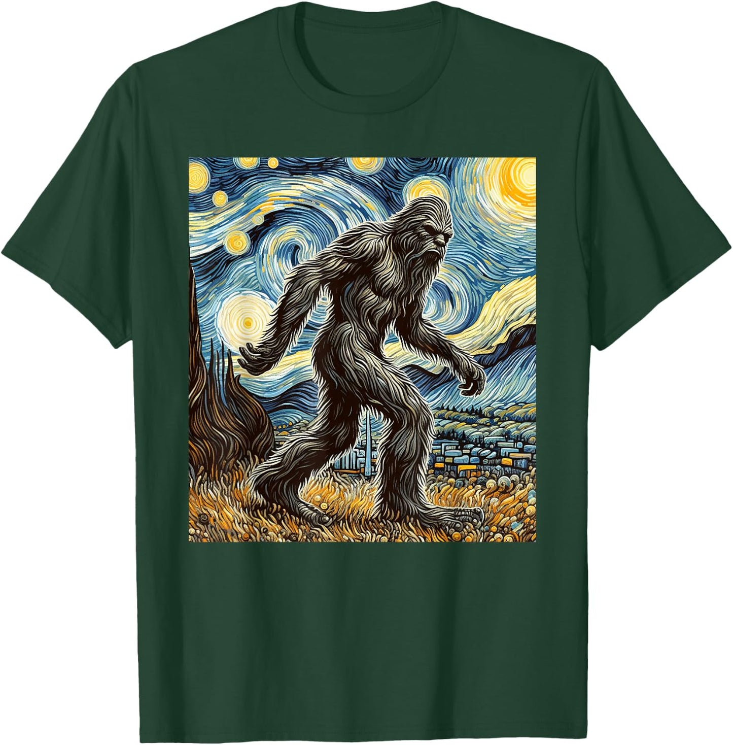 Funny Bigfoot Starry Night Sasquatch Van Gogh Sky Painting T-Shirt - T-Shirt | Forest