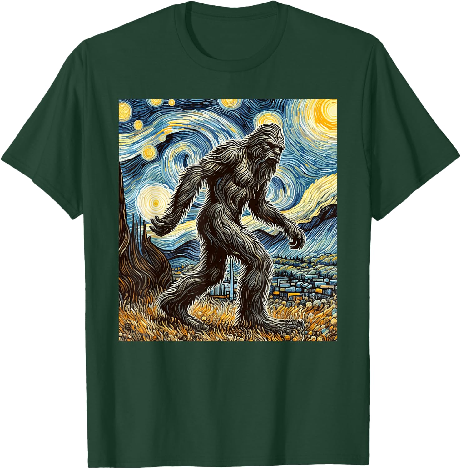 Funny Bigfoot Starry Night Sasquatch Van Gogh Sky Painting T-Shirt - T-Shirt | Forest