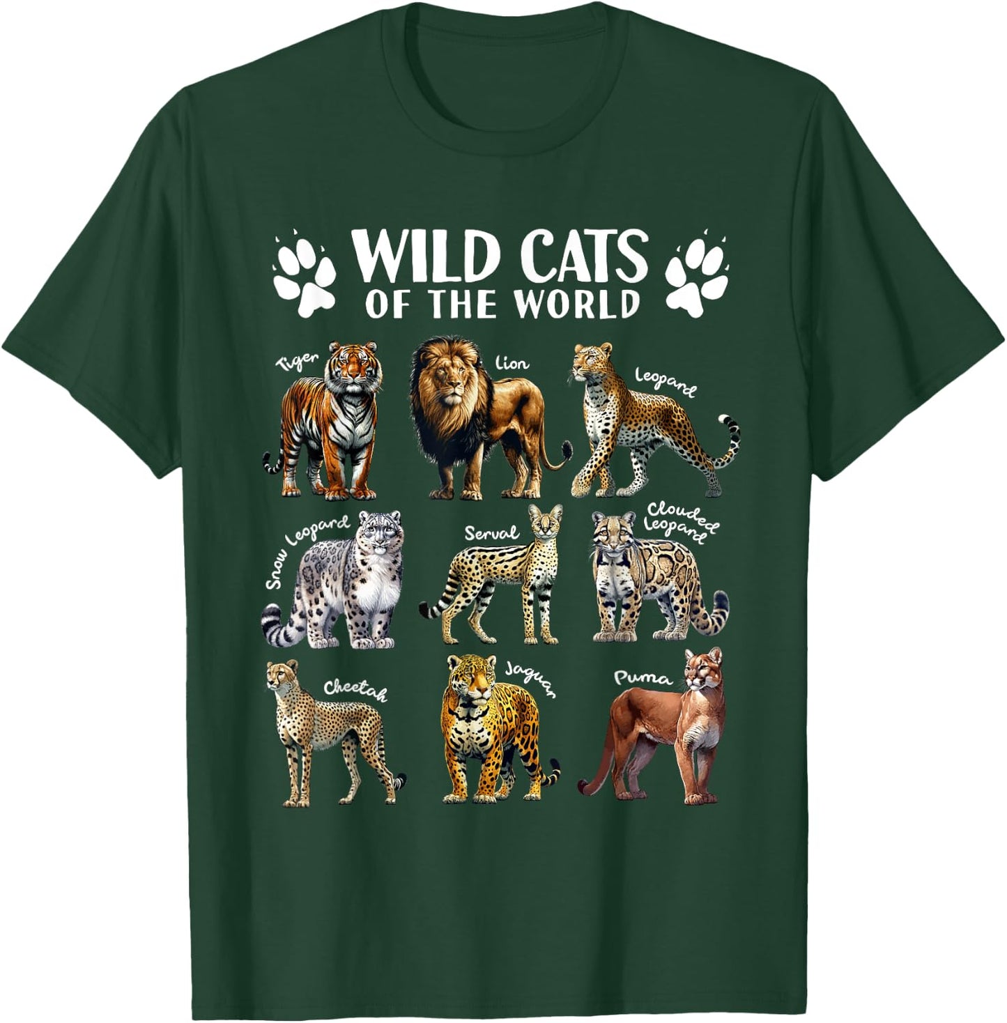 Wild Cats of the World Educational Animal Big Cat Types T-Shirt - T-Shirt | Forest