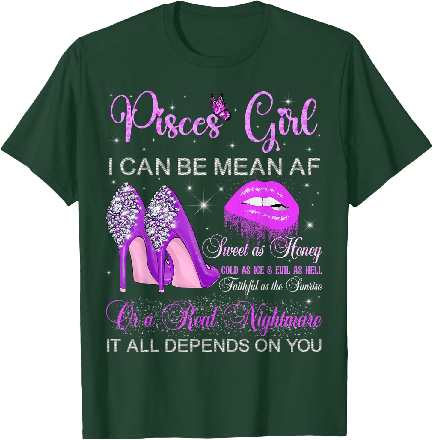 Pisces Girl Birthday High Heels Dripping Lips Zodiac Women T-Shirt - T-Shirt | Forest