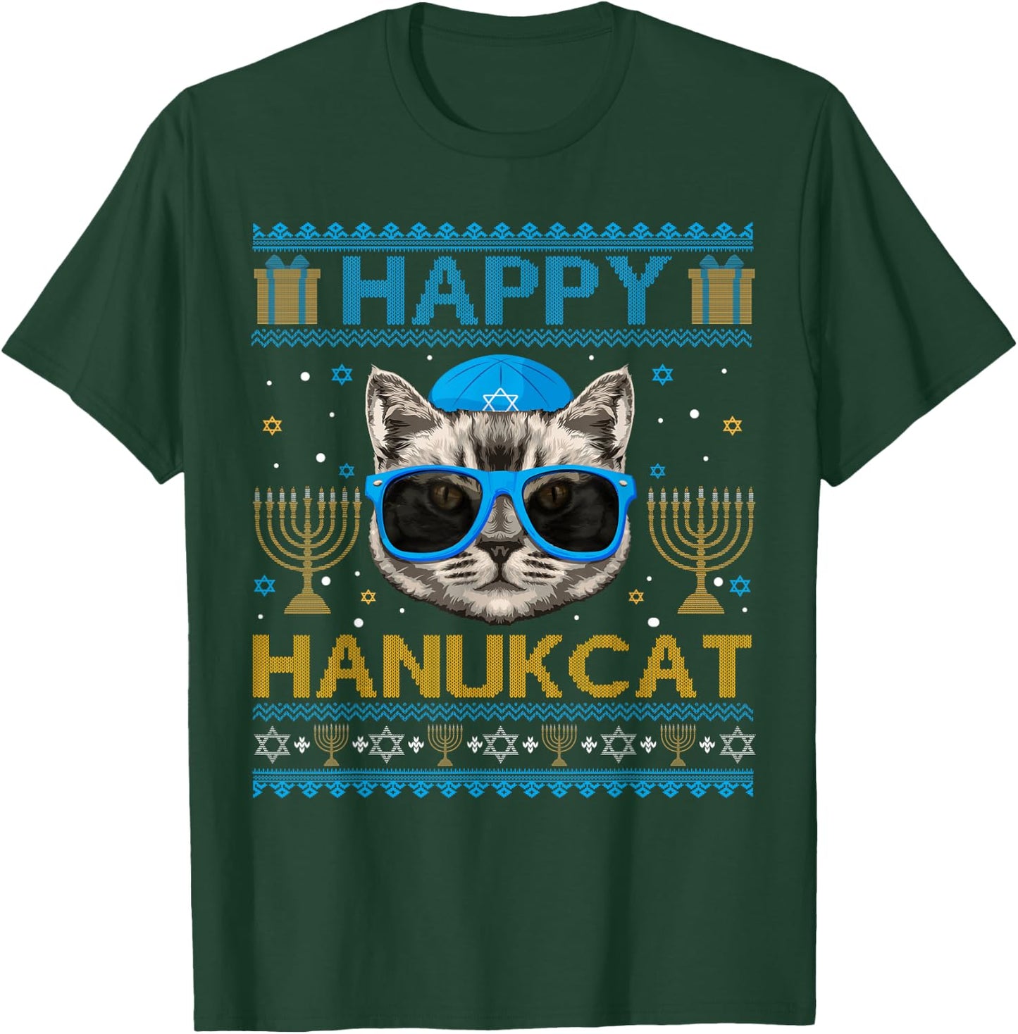 Happy Hanukcat Ugly Hanukkah Sweater Cat Chanukah Jewish T-Shirt - T-Shirt | Forest
