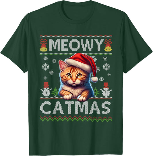 Meowy Catmas Cat Santa Christmas Kitten Xmas Ugly Sweater T-Shirt - T-Shirt | Forest