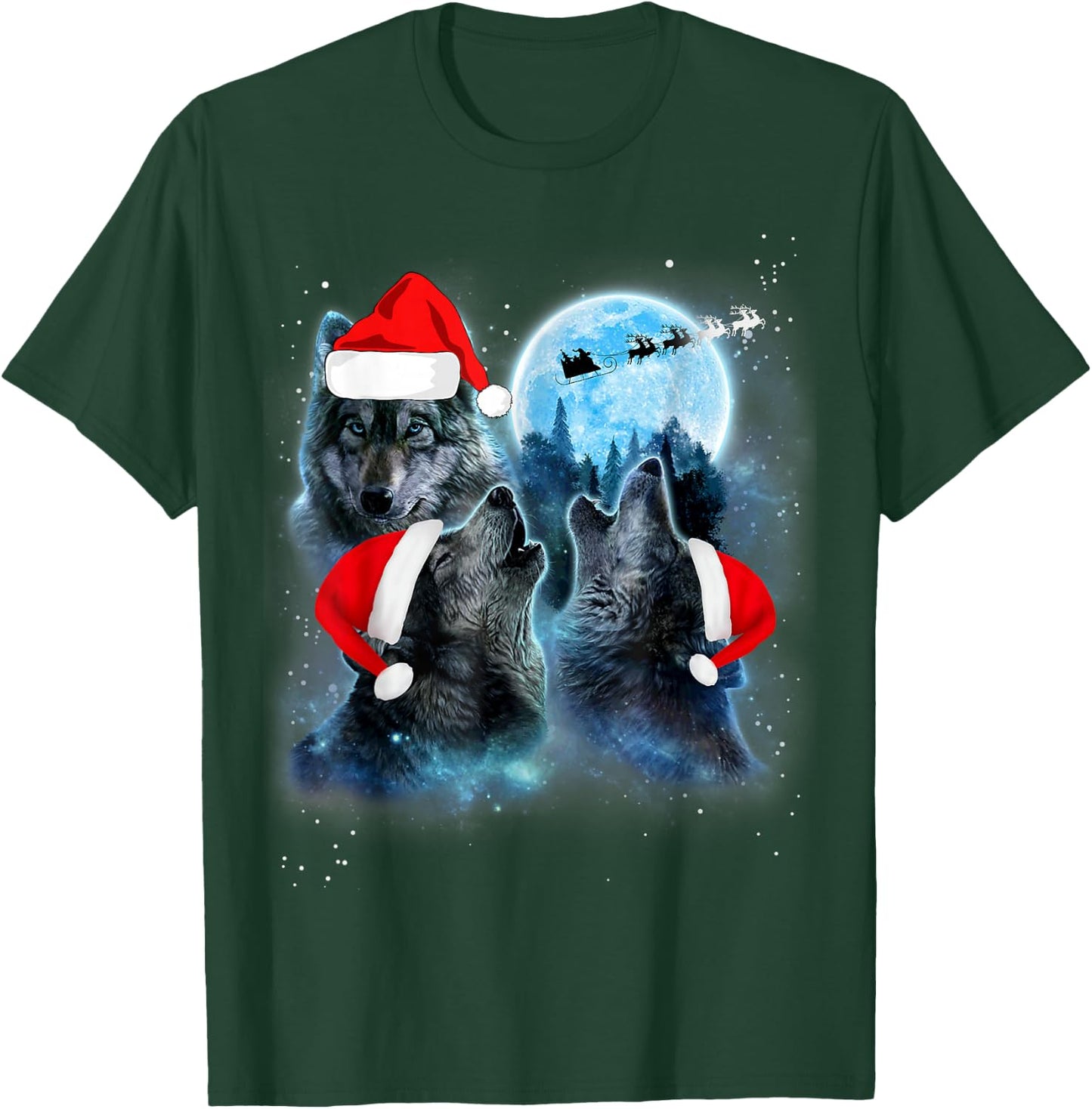 Three Wolves Howling Under Moon Christmas Santa Wolf Lover T-Shirt - T-Shirt | Forest