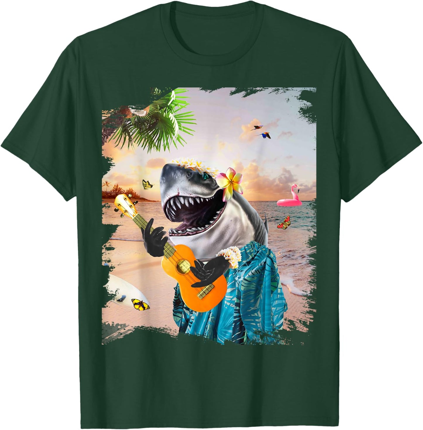Aloha Hawaiian Shark Playing Ukulele Beach Funny Men Women Girls Kids T-Shirt - T-Shirt | Forest