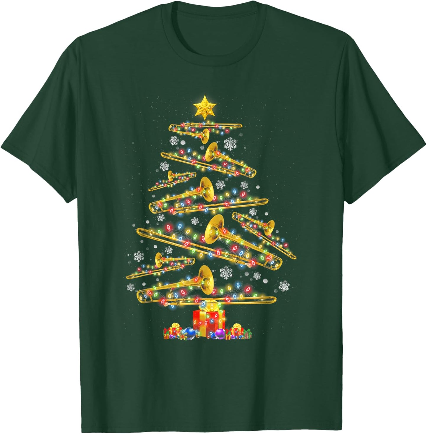 Christmas Trombone Player Xmas Tree Jazz Music Lover Santa T-Shirt - T-Shirt | Forest
