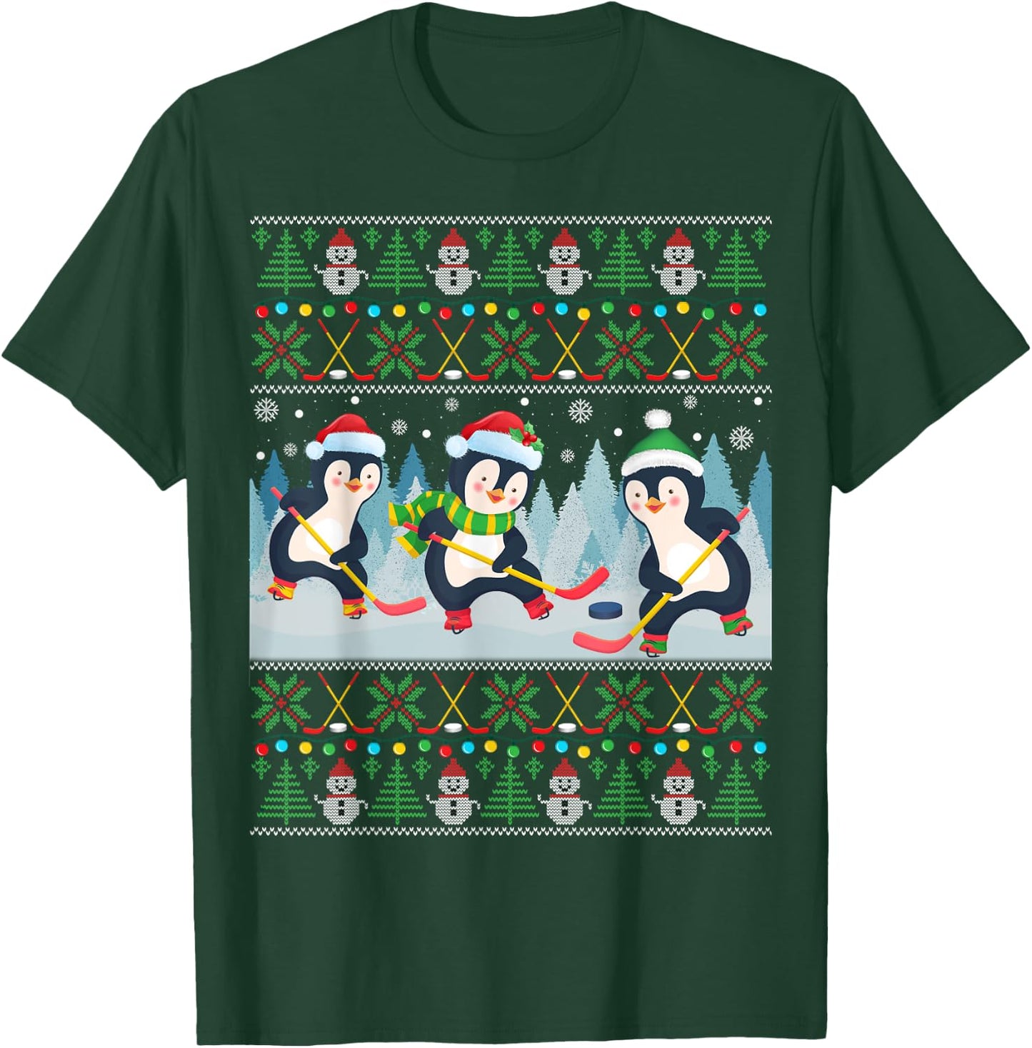 Penguin Playing Hockey Ugly Christmas Sweater Penguin Santa T-Shirt - T-Shirt | Forest