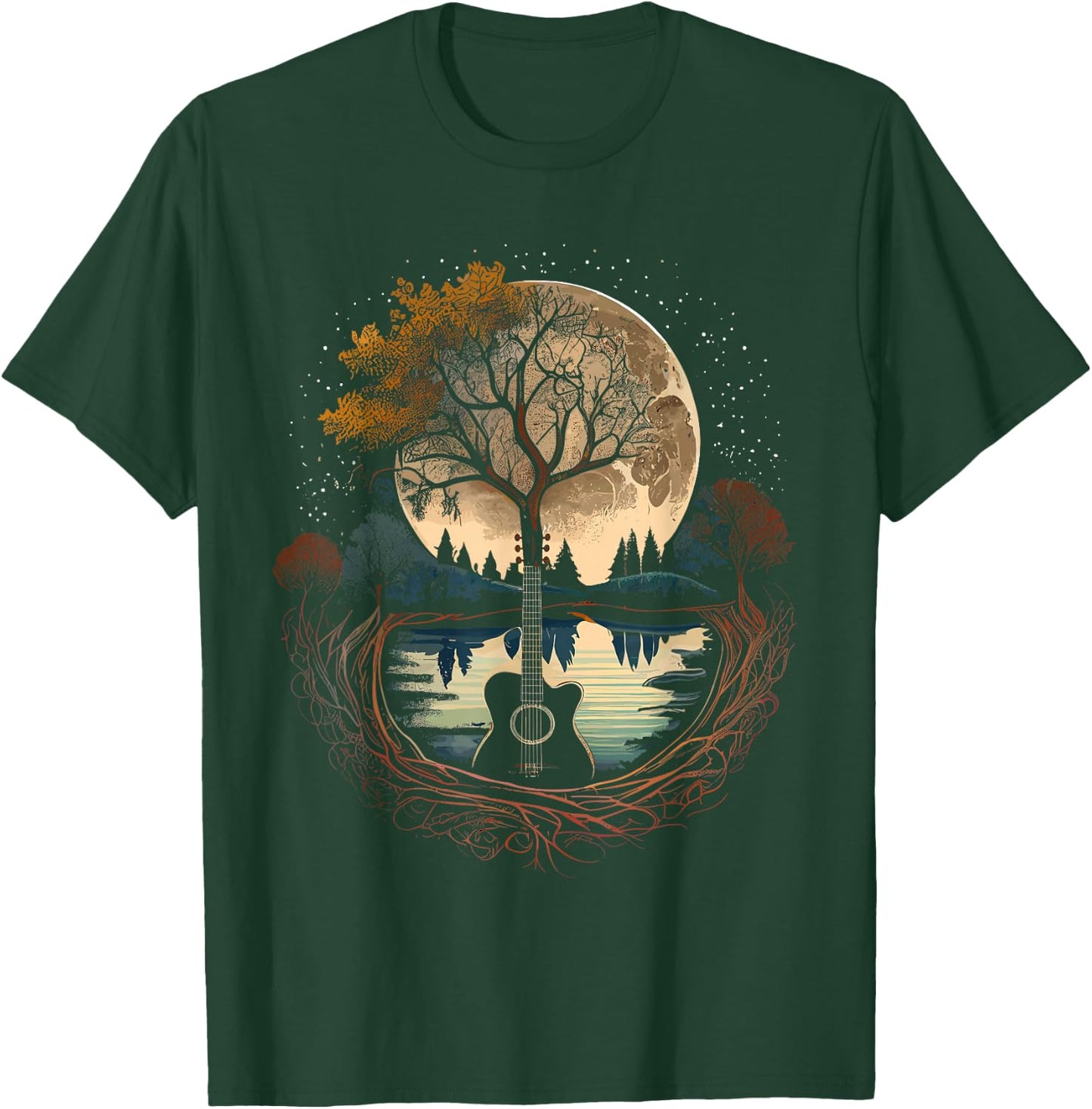Acoustic Guitar Tree and Moon by The Lake Guitarist T-Shirt - T-Shirt | Forest
