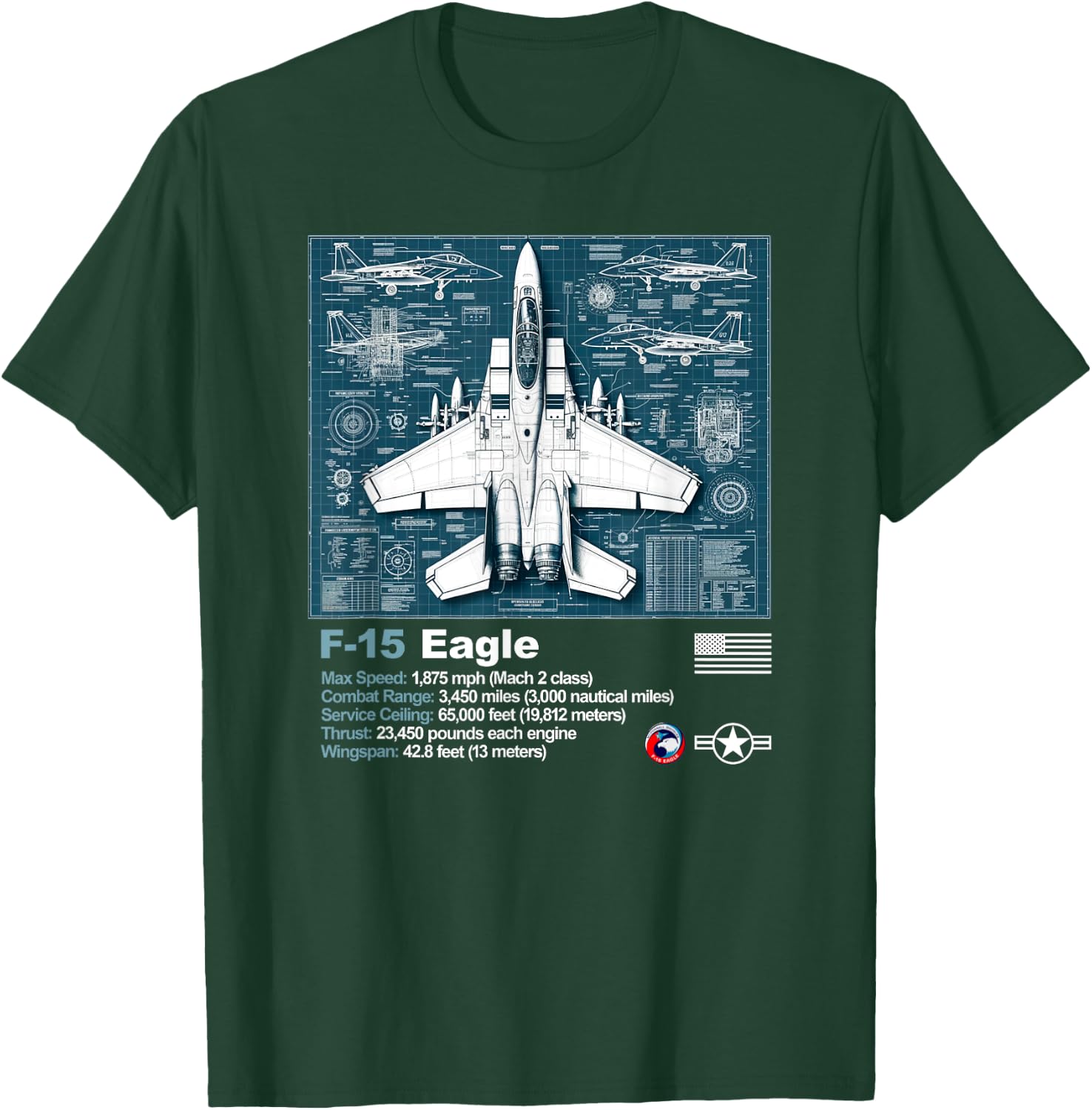 F15 Fighter Jet Blueprint Technical Drawings and Specs T-Shirt - T-Shirt | Forest
