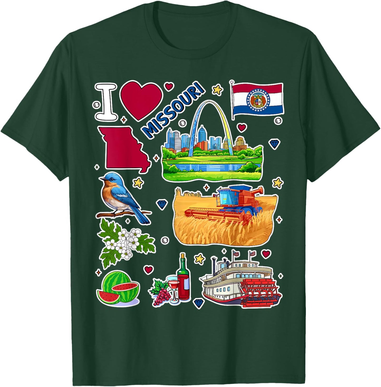 Missouri map, hand drawn Missouri State Symbols and icons T-Shirt - T-Shirt | Forest