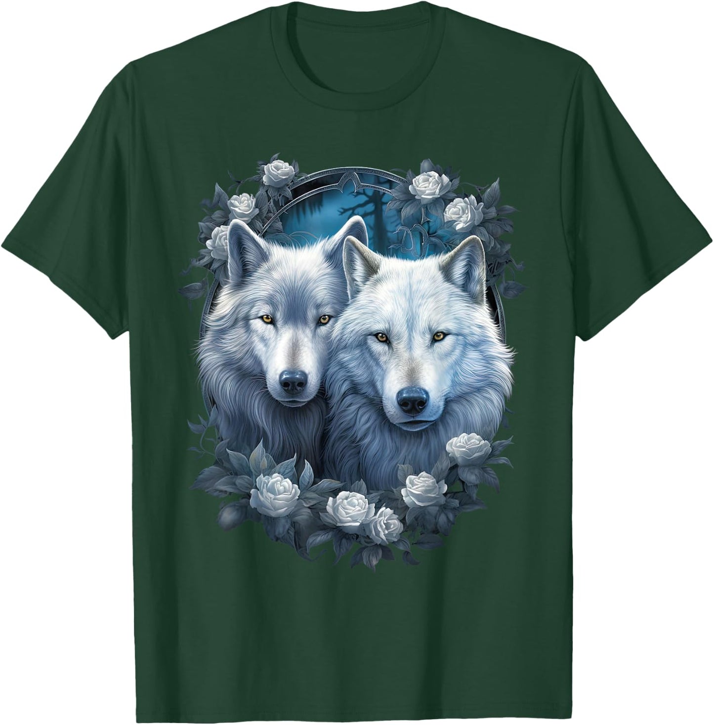 Wolf Wolves with white Roses Fantasy Art Wildlife T-Shirt - T-Shirt | Forest