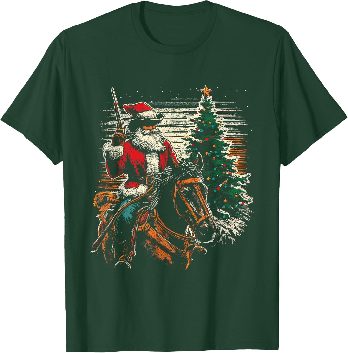 Santa Claus Cowboy - Vintage Christmas Tree Cowboy Lover T-Shirt - T-Shirt | Forest