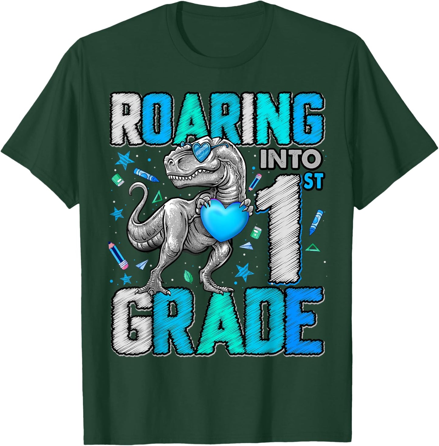 Roaring Into 1st Grade Dinosaur T Rex Back To School Boys T-Shirt - T-Shirt | Forest