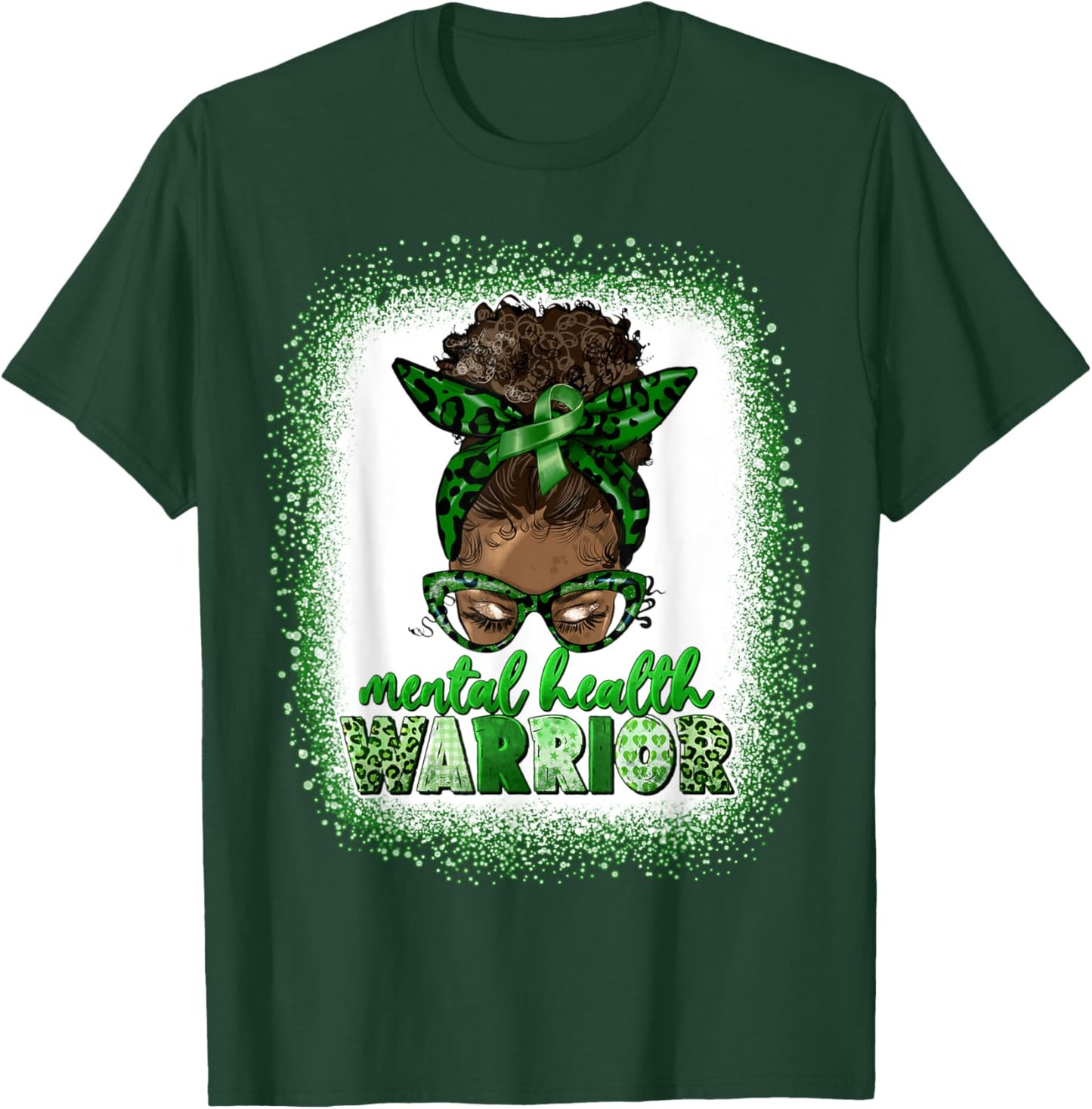 Mental Health Warrior Afro Messy Bun Leopard Black Women T-Shirt - T-Shirt | Forest