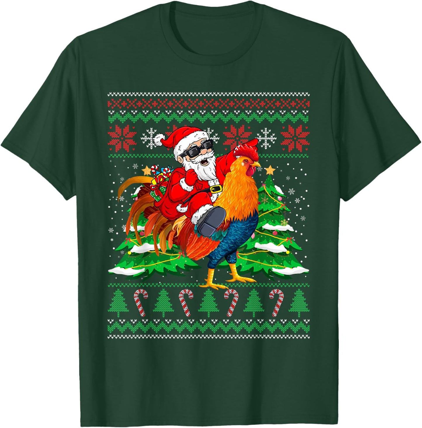 Santa With Rooster Christmas Tree Farmer Ugly Xmas Sweater T-Shirt - T-Shirt | Forest