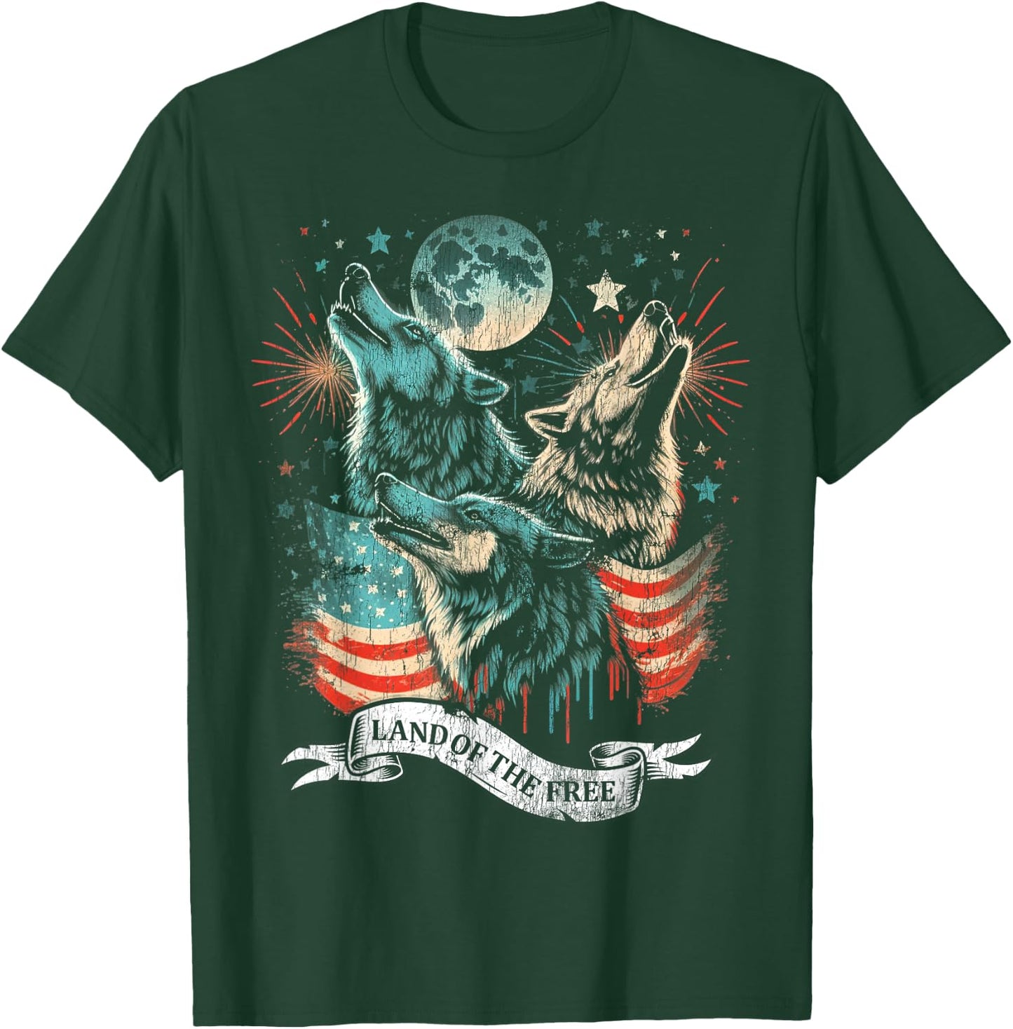 Wolf 4th of July American Flag Howling America Moon Funny Kids Men T-Shirt - T-Shirt | Forest