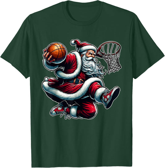 Christmas Santa Claus Dunking A Basketball Boys Kids Xmas T-Shirt - T-Shirt | Forest