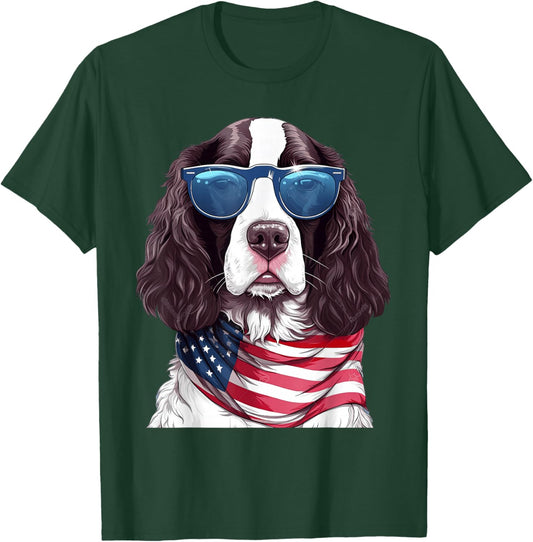 English Springer Spaniel with USA Flag 4th of July T-Shirt - T-Shirt | Forest