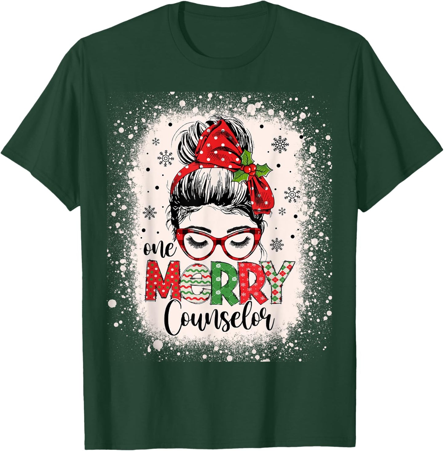 One Merry Counselor Messy Bun Christmas Counseling T-Shirt - T-Shirt | Forest