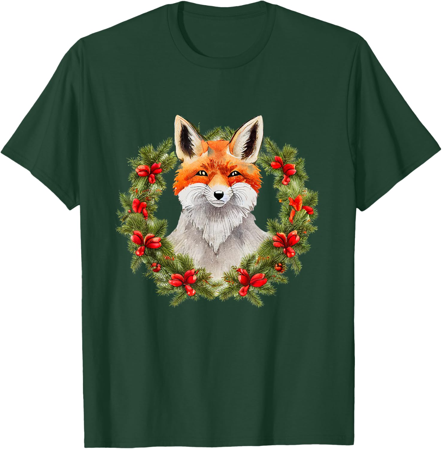 Merry xmas santa claus christmas wreath fox T-Shirt - T-Shirt | Forest
