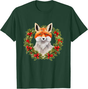 Merry xmas santa claus christmas wreath fox T-Shirt - T-Shirt | Forest