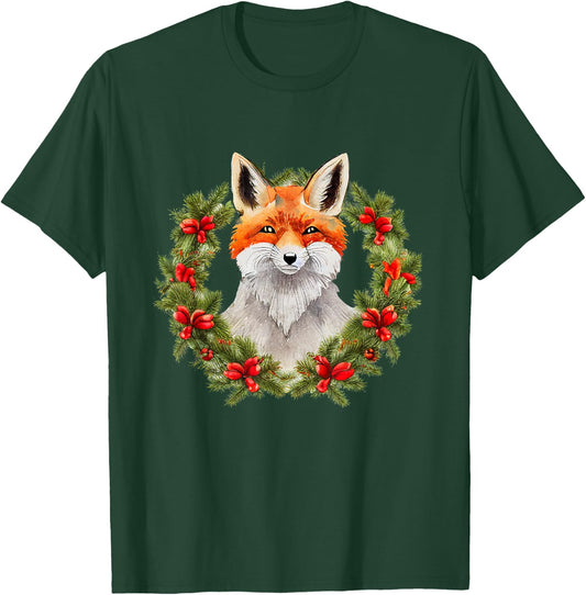 Merry xmas santa claus christmas wreath fox T-Shirt - T-Shirt | Forest