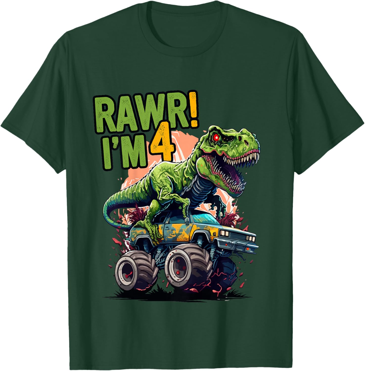 Kids Rawr I'm 4 T Rex 4th birthday Boys Dinosaur Monster Truck T-Shirt - T-Shirt | Forest