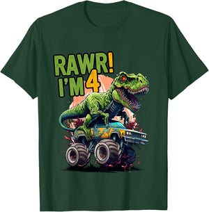 Kids Rawr I'm 4 T Rex 4th birthday Boys Dinosaur Monster Truck T-Shirt - T-Shirt | Forest