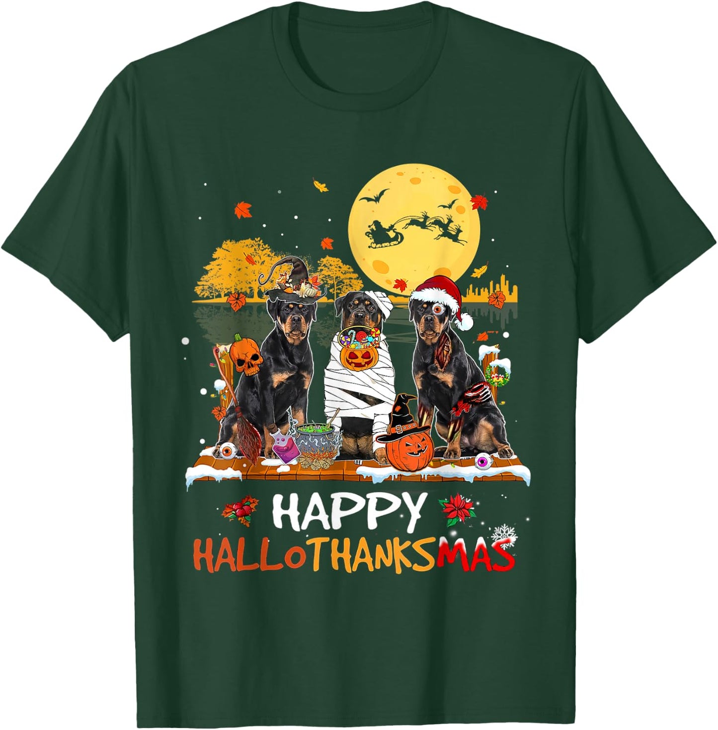Rottweiler Happy Hallothanksmas Halloween Thanksgiving Xmas T-Shirt - T-Shirt | Forest