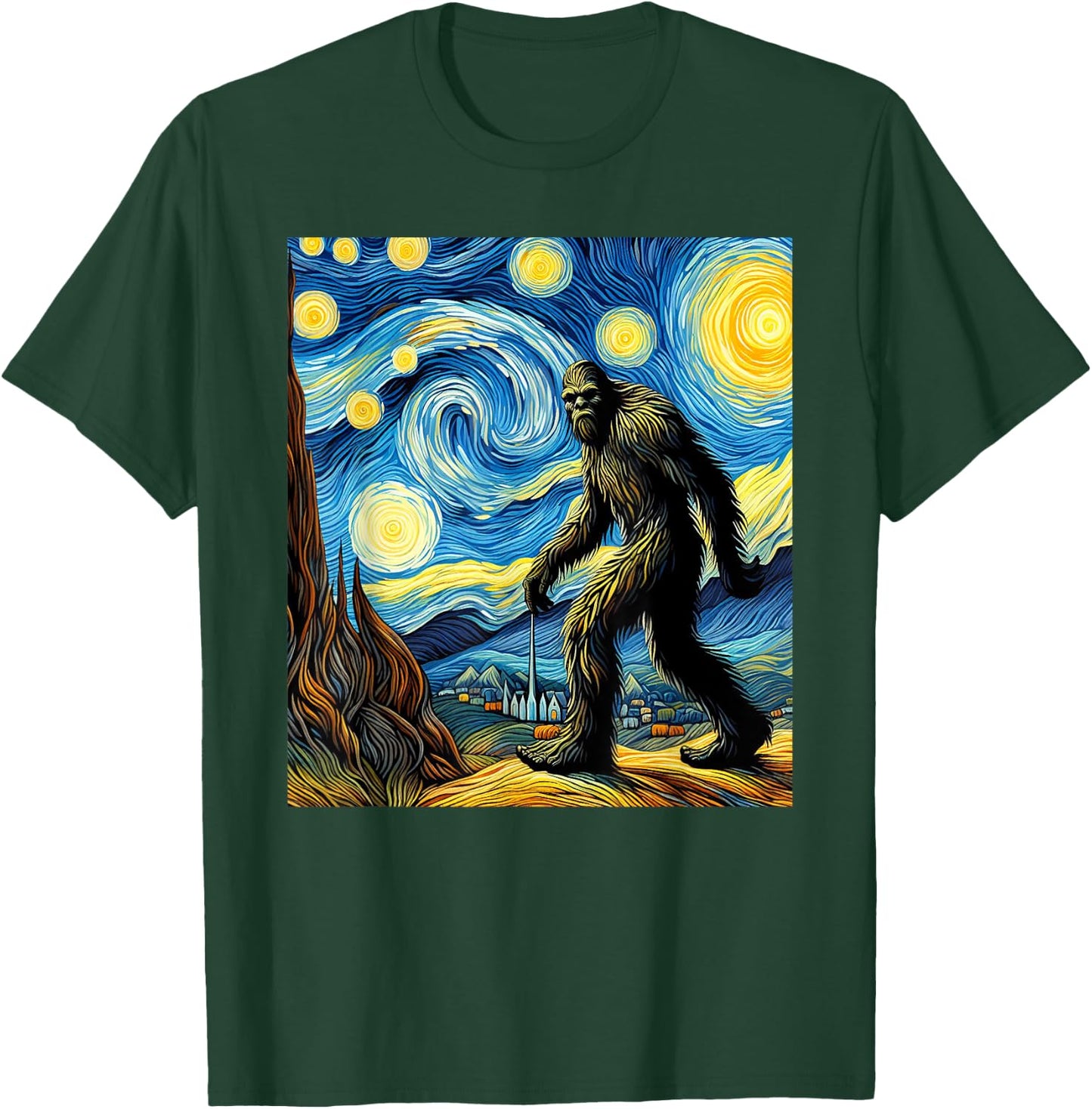 Funny Bigfoot Starry Night Sasquatch Van Gogh Sky Painting T-Shirt - T-Shirt | Forest