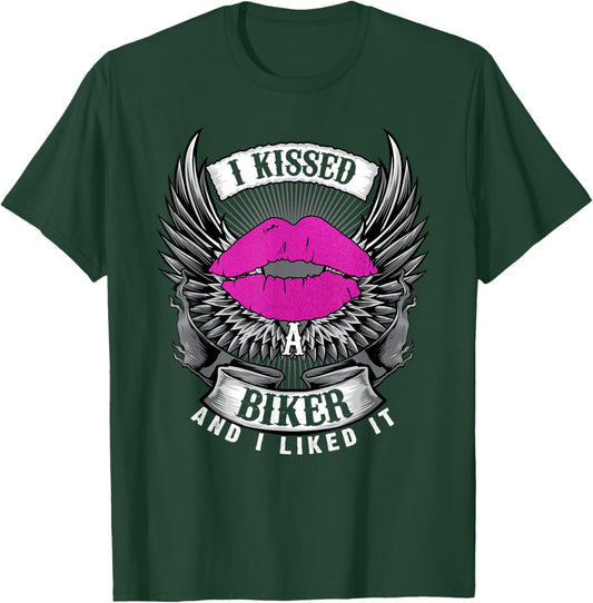 Motorcycling I Kissed A Biker And I Liked It Funny Girl Lip T-Shirt - T-Shirt | Forest
