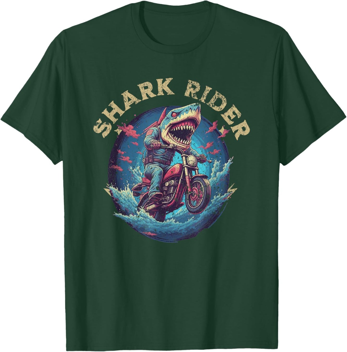 Funny Shark Rider Shark Head Riding on a Motorbike Lover T-Shirt - T-Shirt | Forest