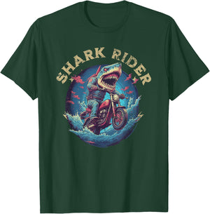Funny Shark Rider Shark Head Riding on a Motorbike Lover T-Shirt - T-Shirt | Forest