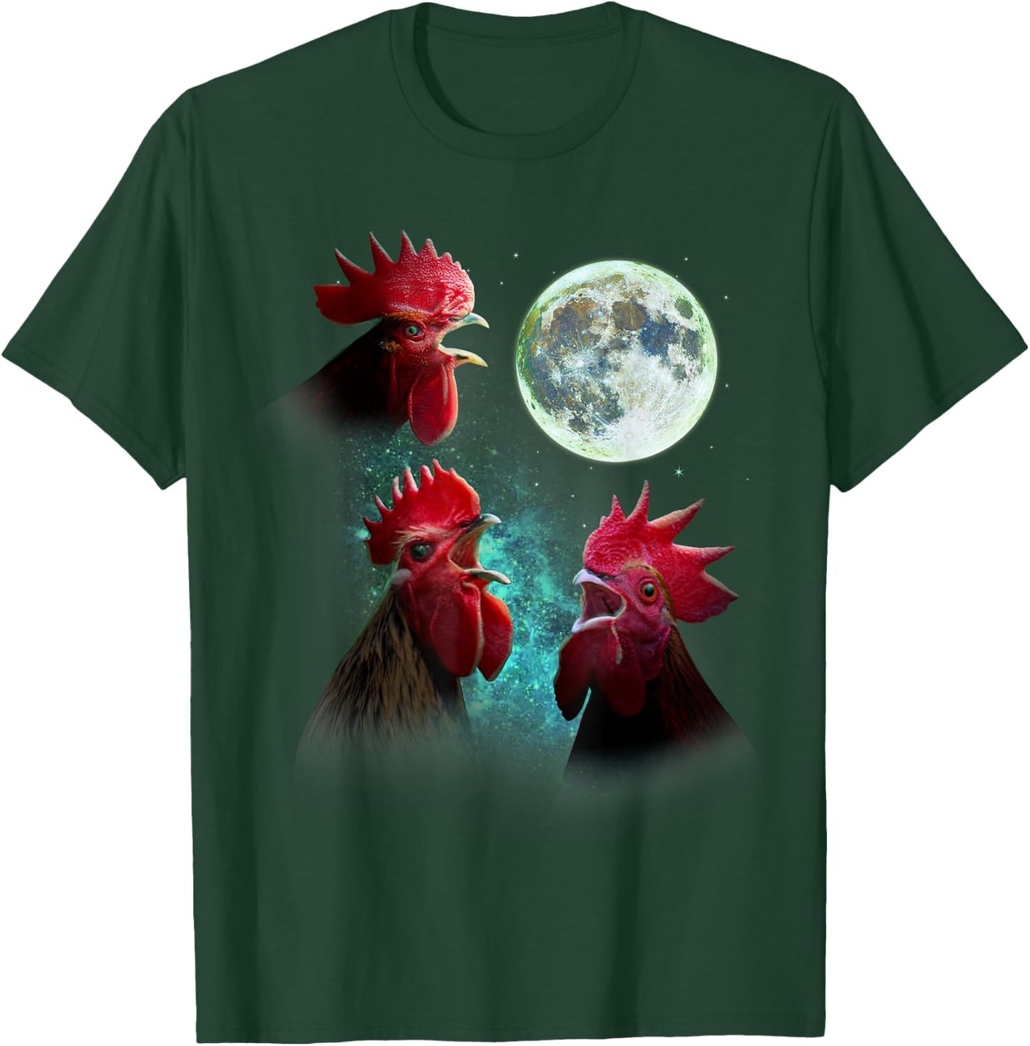 Three Rooster Chickens Howl At Moon 3 Wolfs Wolves Parody T-Shirt - T-Shirt | Forest