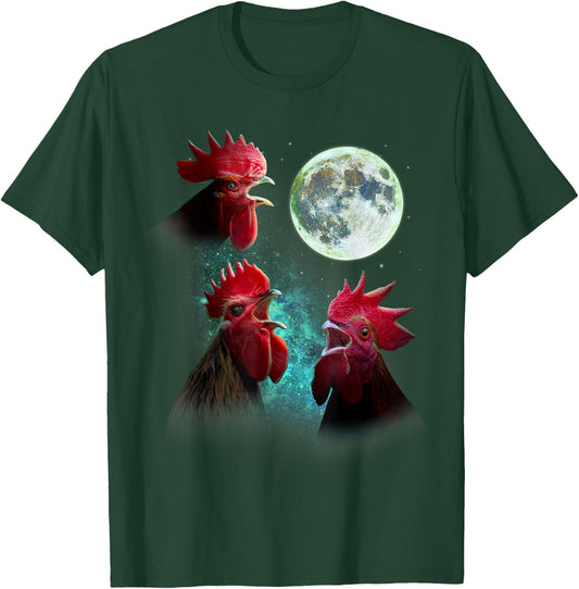 Three Rooster Chickens Howl At Moon 3 Wolfs Wolves Parody T-Shirt - T-Shirt | Forest