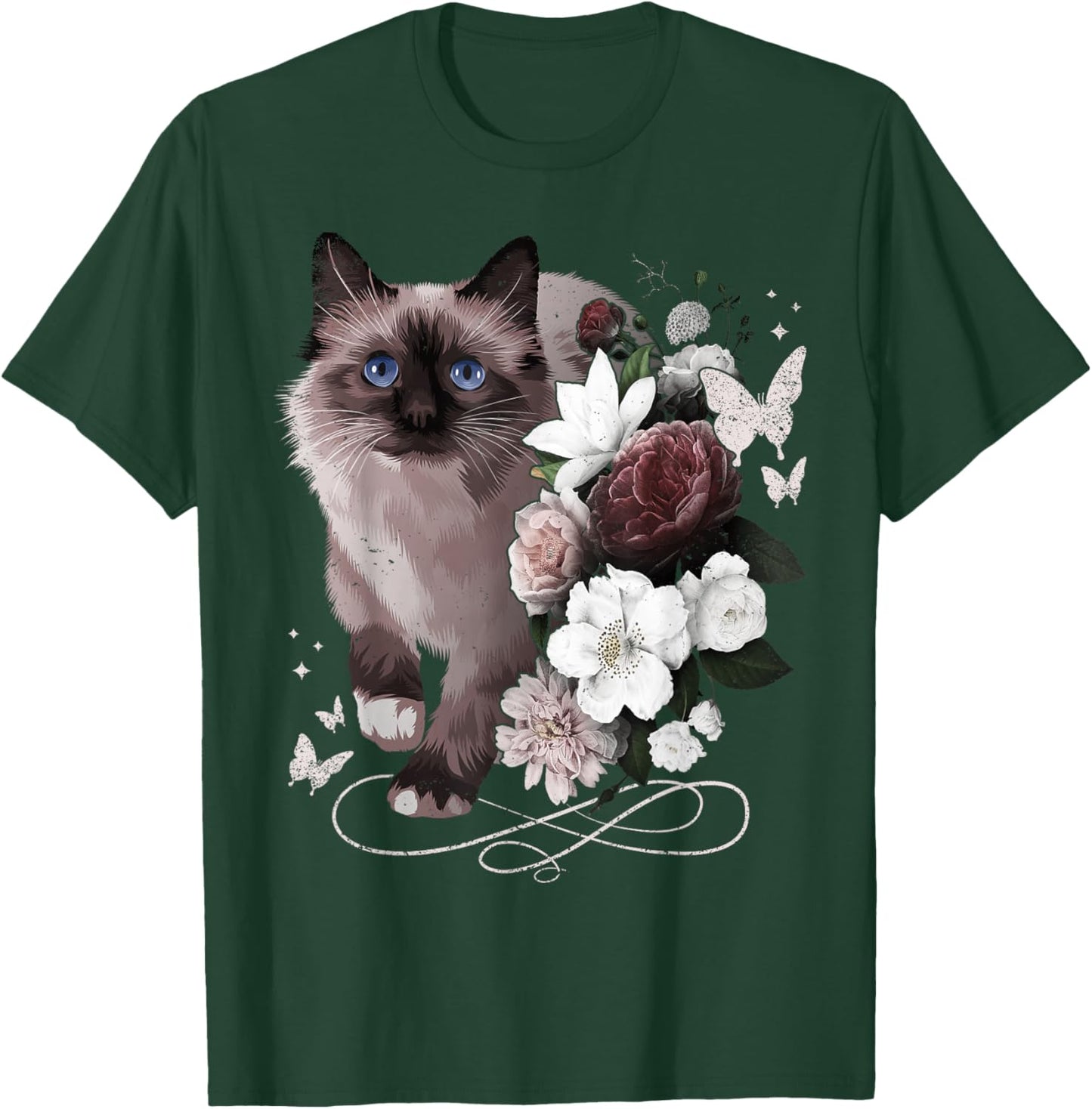 Siamese Cat with Flowers Vintage Look Floral Siamese Cat T-Shirt - T-Shirt | Forest