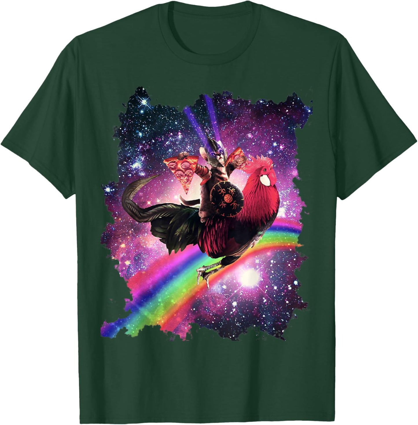 Lazer Warrior Space Cat Riding Chicken with Pizza T-Shirt - T-Shirt | Forest