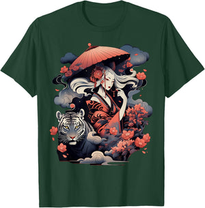 Step Up Your Style Game with This Vibrant Geisha and Tiger T-Shirt - T-Shirt | Forest