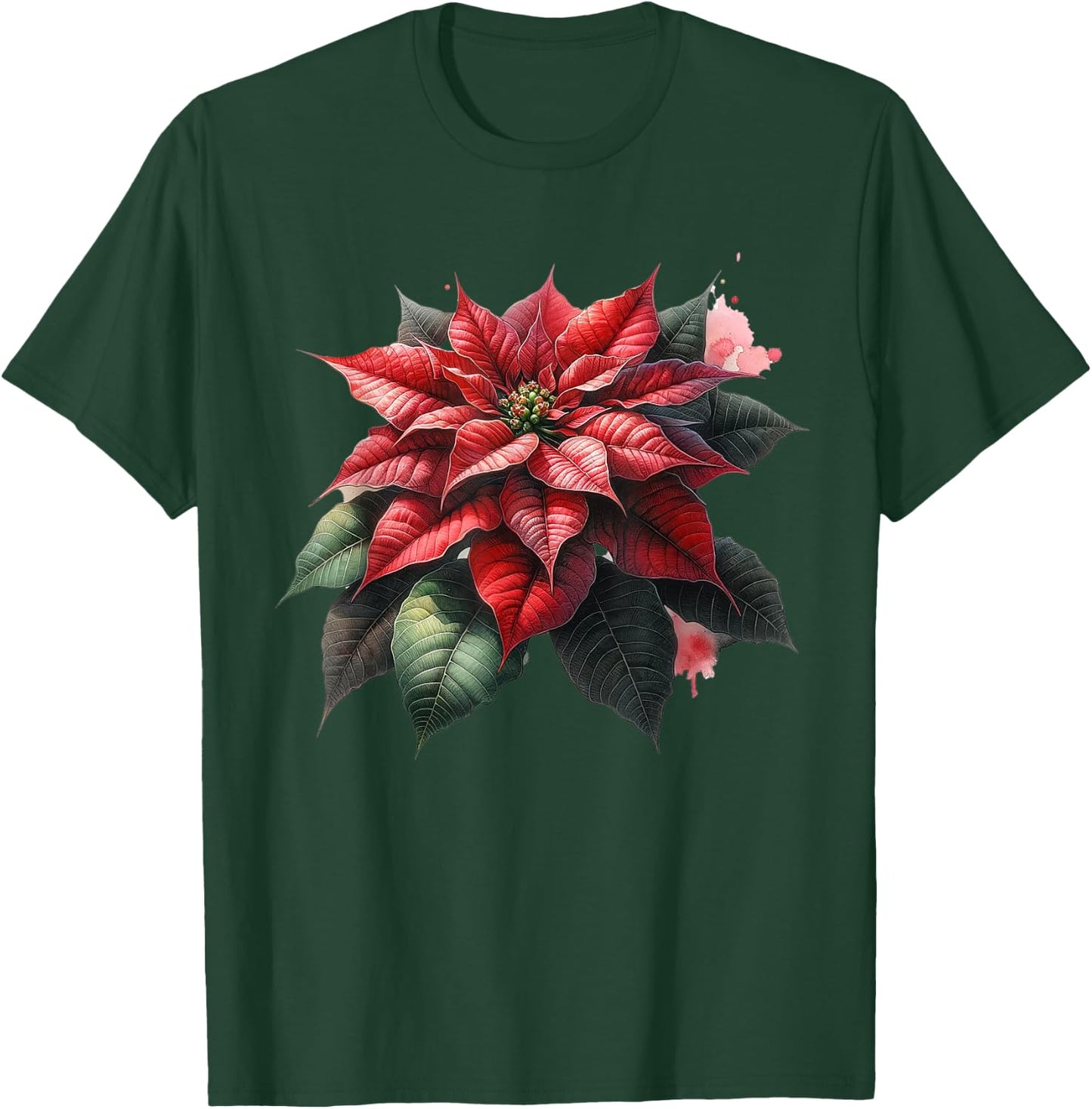 Poinsettia Watercolor Flower Holiday Christmas Graphics T-Shirt - T-Shirt | Forest