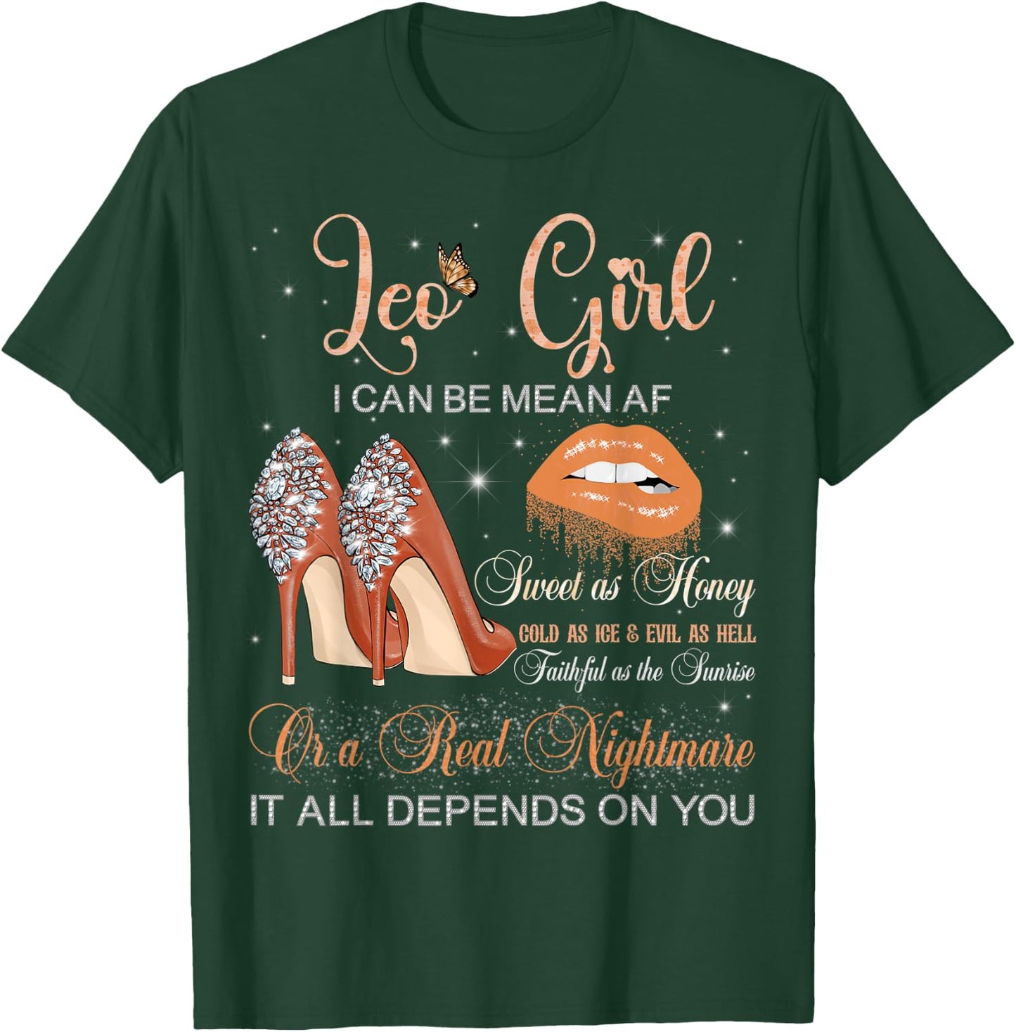 Leo Girl Zodiac Birthday High Heels Dripping Lips Butterfly T-Shirt - T-Shirt | Forest
