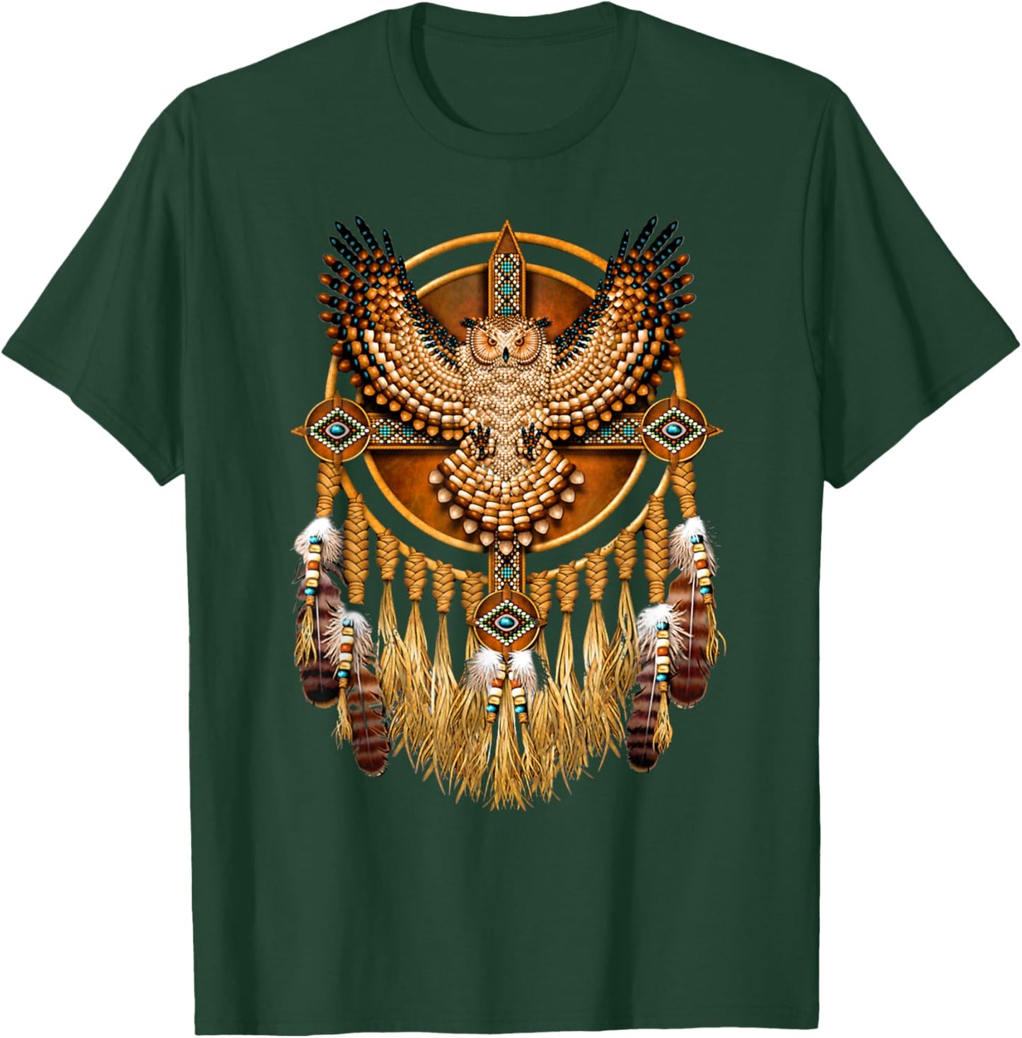 Owl Colorful Dreamcatcher Feathers Tribal Native American T-Shirt - T-Shirt | Forest